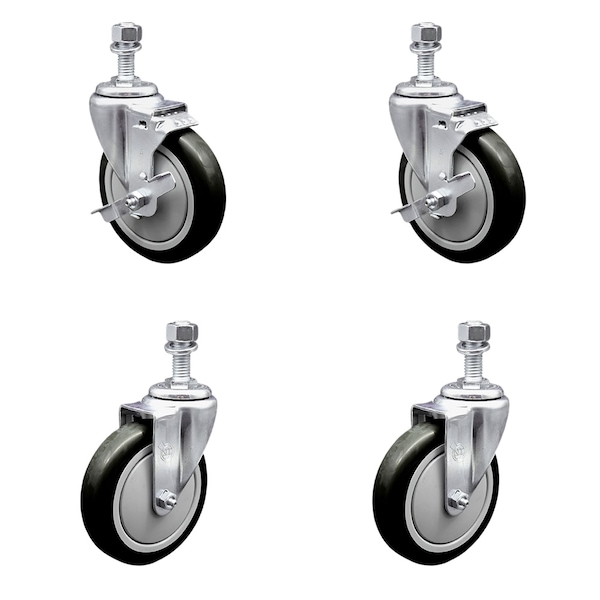Service Caster 5 Inch Black Polyurethane Wheel Swivel 12mm Threaded Stem Caster Brake, 2PK SCC-TS20S514-PPUB-BLK-TLB-M1215-2-S2 - main